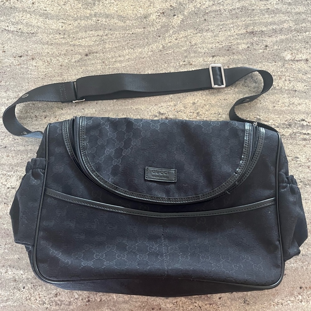 Gucci GG Black Diaper  Baby Bag Canvas/Leather Trim w/Changing Mat